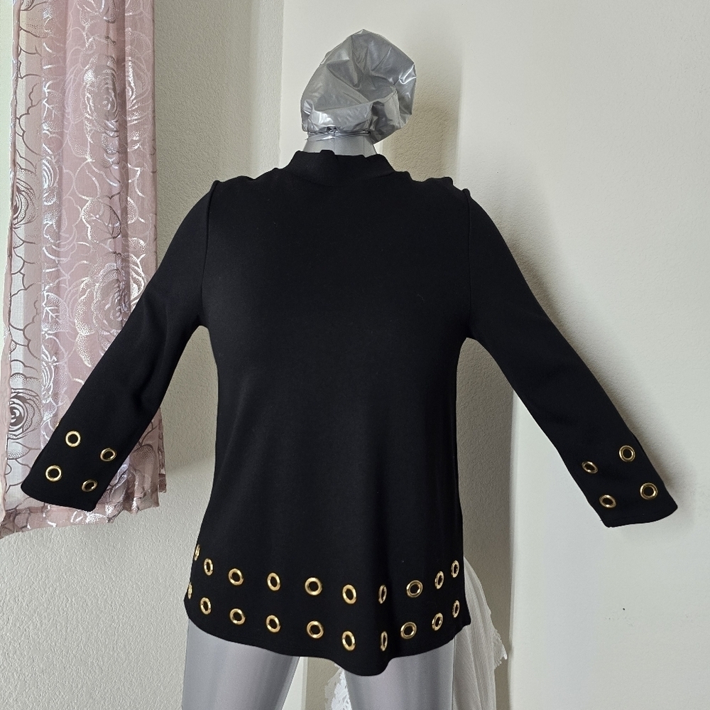 By Chicos Black Tunic Length sweater with gold grommets